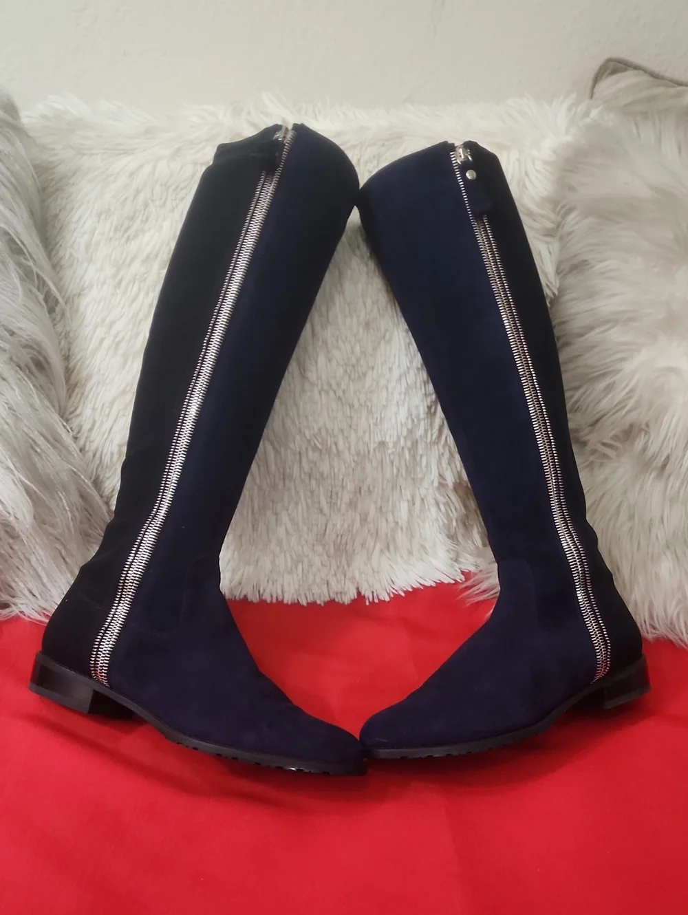 Stuart Weitzman Navy Suede Knee High Boots with Silver Zippers